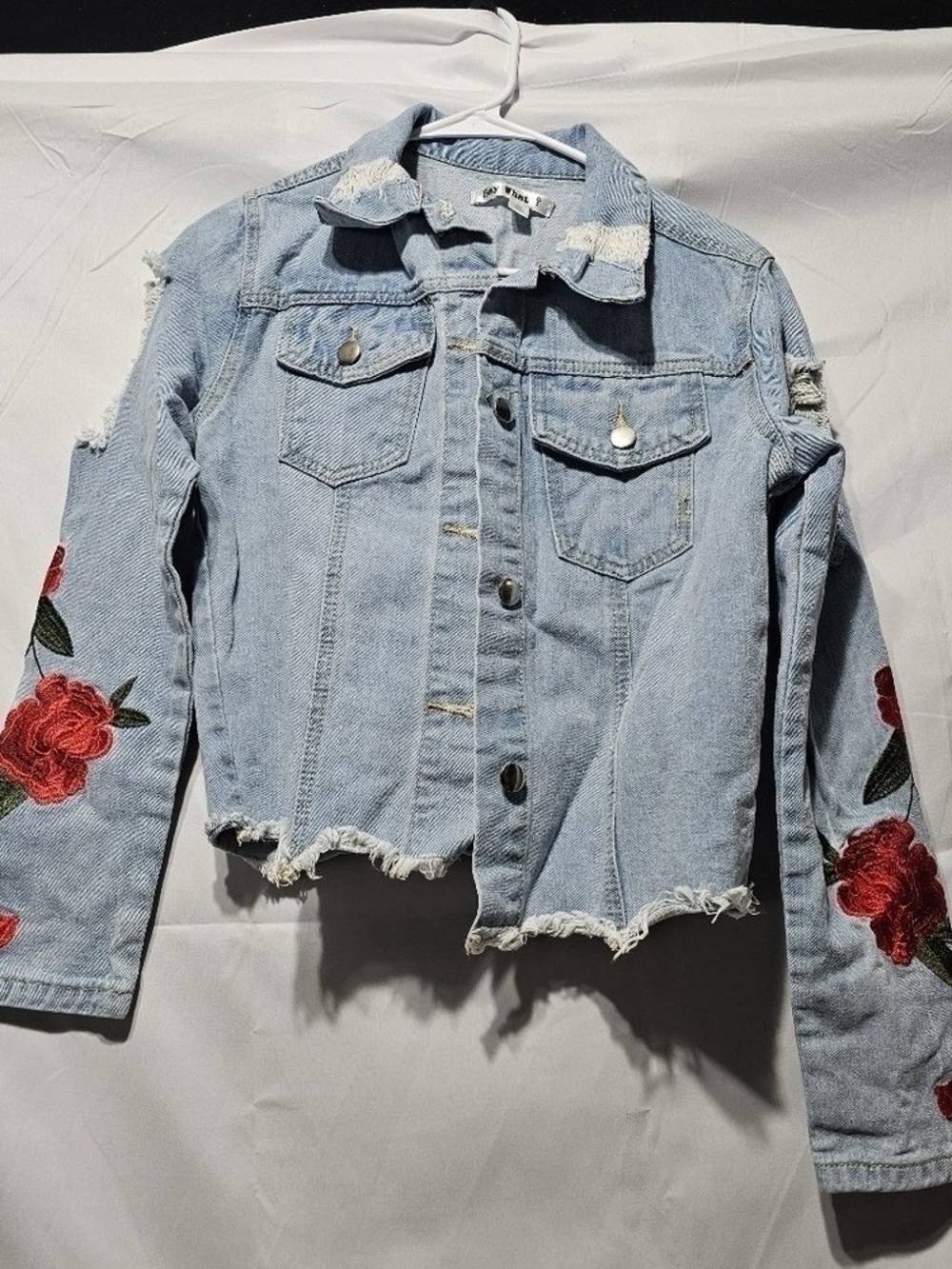 Unbranded Light Blue Distressed Denim Jacket with Red Rose Embroidery